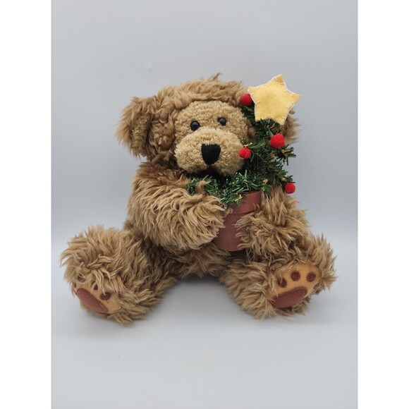 Holiday Stuffed Teddy Bear Holding Christmas Tree in Terracotta Pot Fluffy Bear - Picture 1 of 12